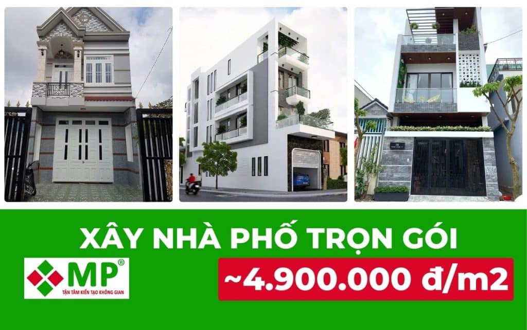 3 gói xây nhà phố từ 4.9 triệu đến 5.2 triệu cho 1 mặt tiền, 4.95 triệu cho nhà phố 2 mặt tiền
