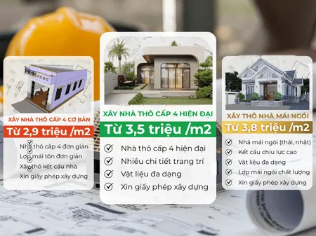 đơn giá xây thô nhà cấp 4: cơ bản 2 triệu 9/m2, hiện đại 3 triệu 5 /m2 , mái ngói 3 triệu 8 /m2