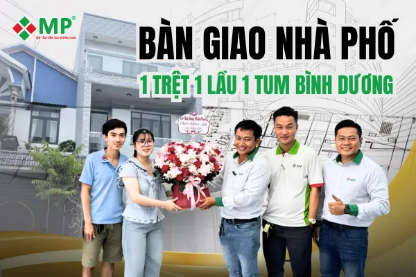 xây nhà bình dương, bàn giao nhà phố 1 trệt 1 lầu 1 tum, 5,3x17,5m